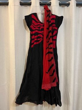 Black & Red Rhinestone Maxi Dress with Scarf